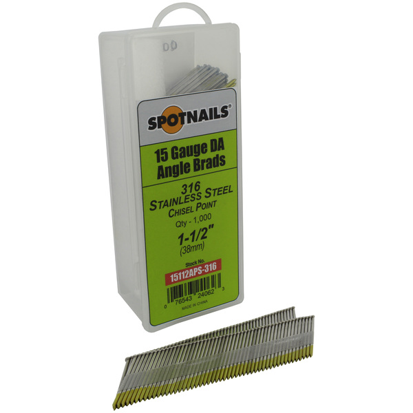 Spotnails Collated Brad Nail, 1-1/2 in L, 15 ga, 316 Stainless Steel, Brad Head, 34 Degrees 15112APS-316